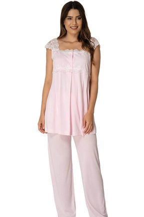 Lace Shoulder 3-Pieces Maternity & Nursing Pajamas With Robe Pink - 2301