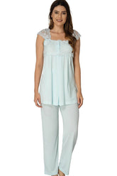 Lace Shoulder Maternity & Nursing Pajamas Turquoise - 2303