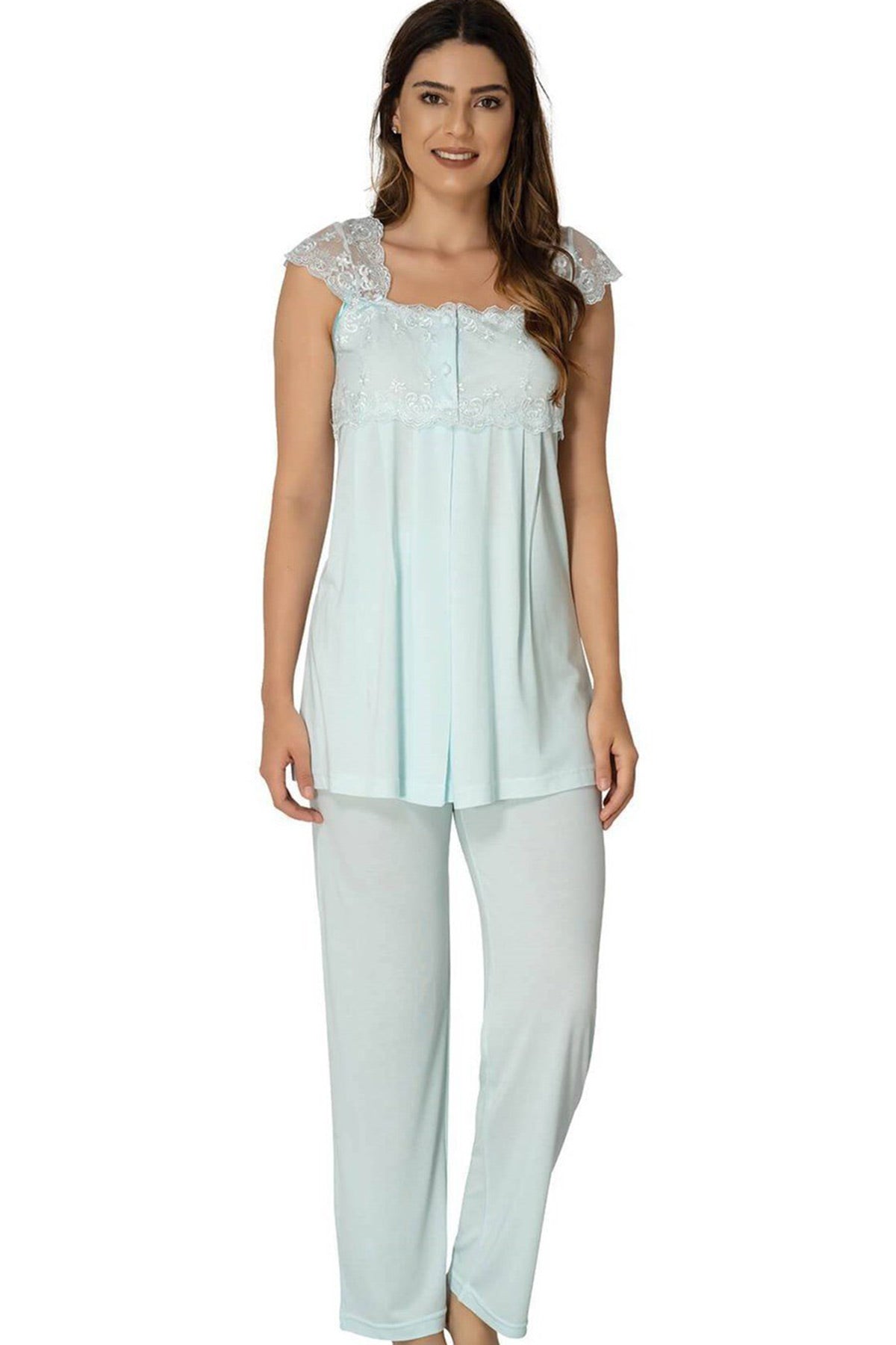 Lace Shoulder 3-Pieces Maternity & Nursing Pajamas With Robe Turquoise - 2301