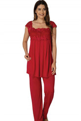 Lace Shoulder Maternity & Nursing Pajamas Cherry - 2303