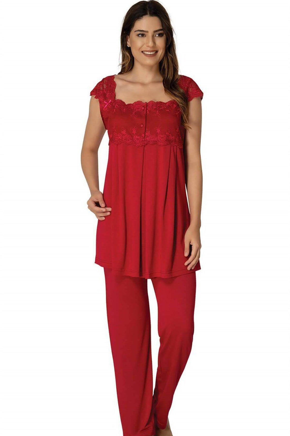 Lace Shoulder 3-Pieces Maternity & Nursing Pajamas With Robe Cherry - 2301