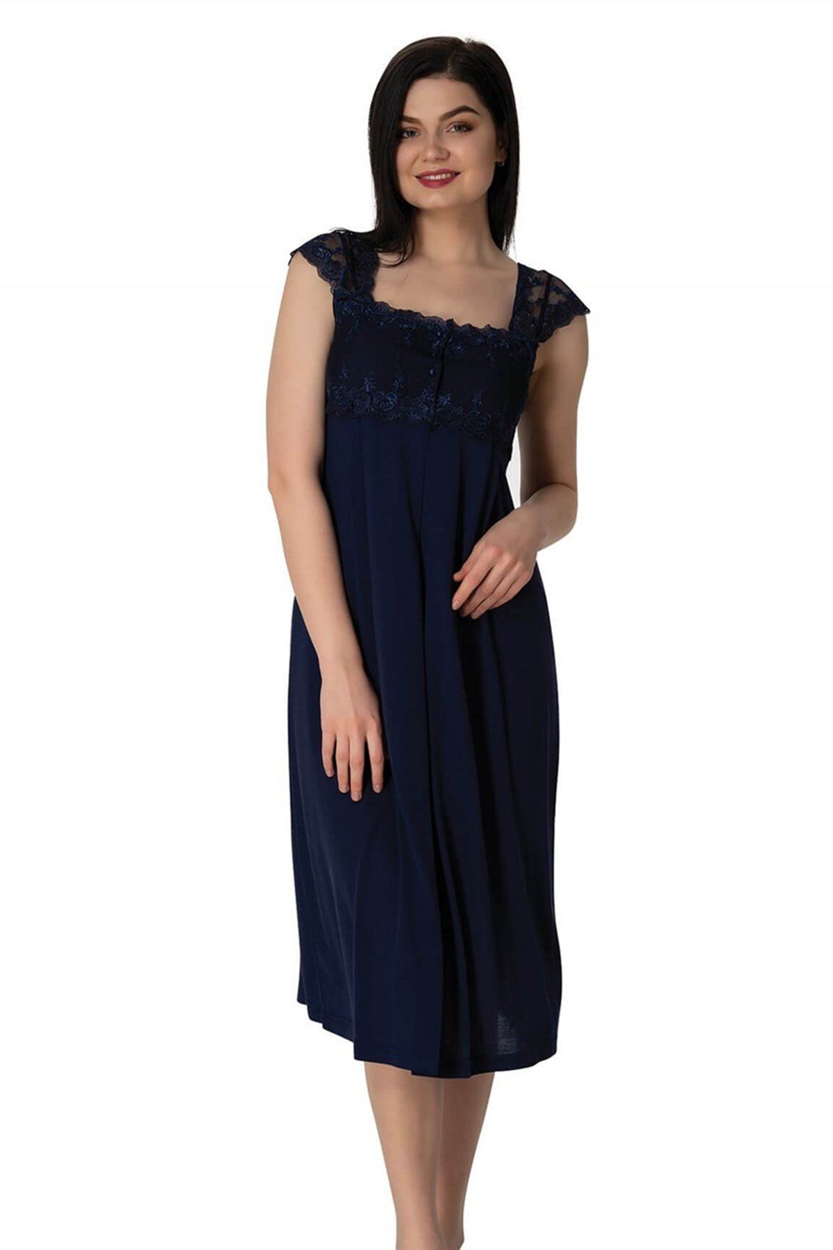 Lace Shoulder Maternity & Nursing Nightgown With Robe Navy Blue - 2302