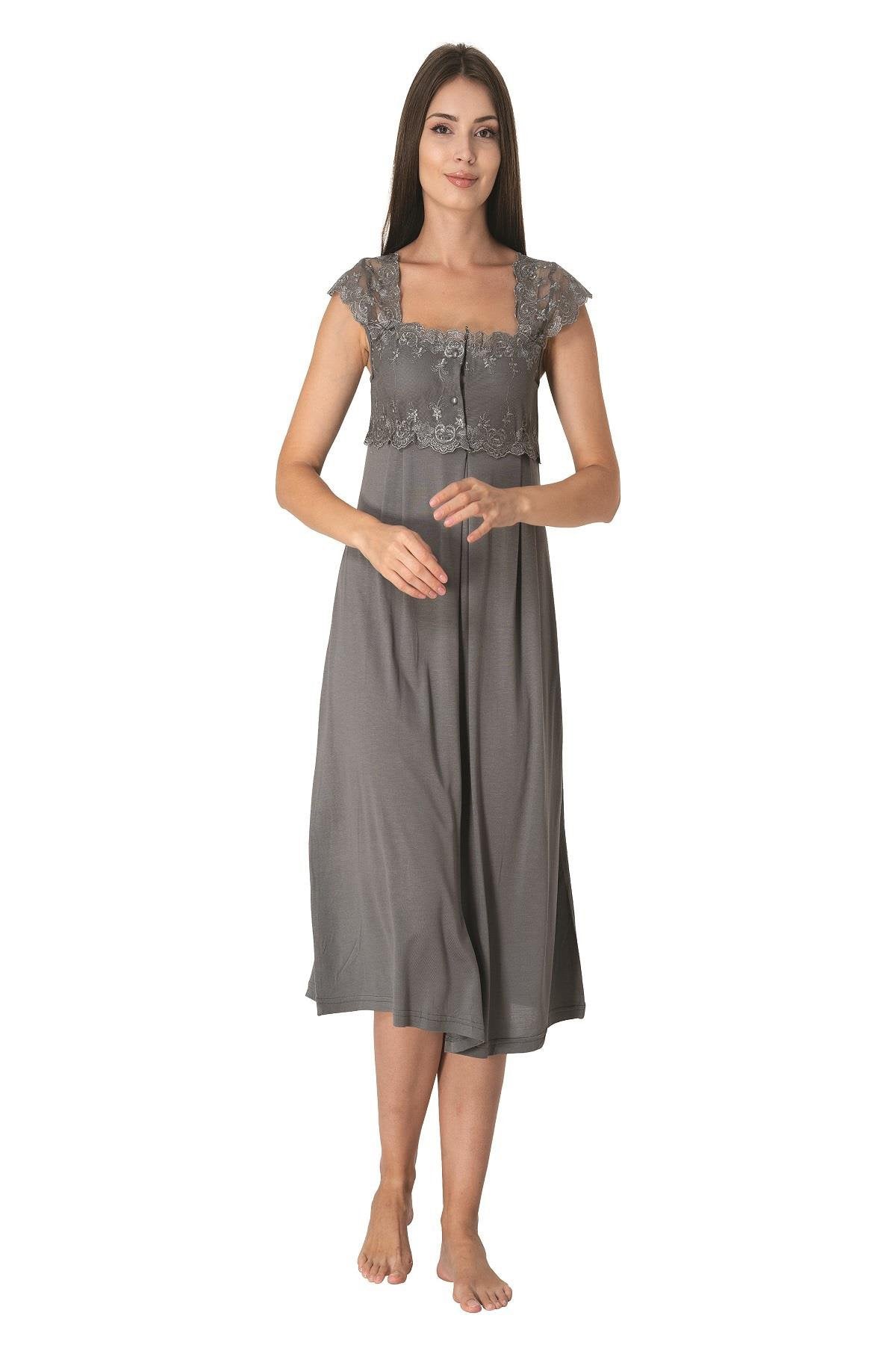 Lace Shoulder Maternity & Nursing Nightgown With Robe Anthracite - 2302