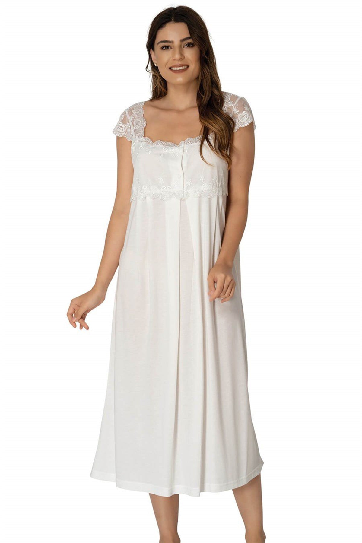 Lace Shoulder Maternity & Nursing Nightgown With Robe Ecru - 2302