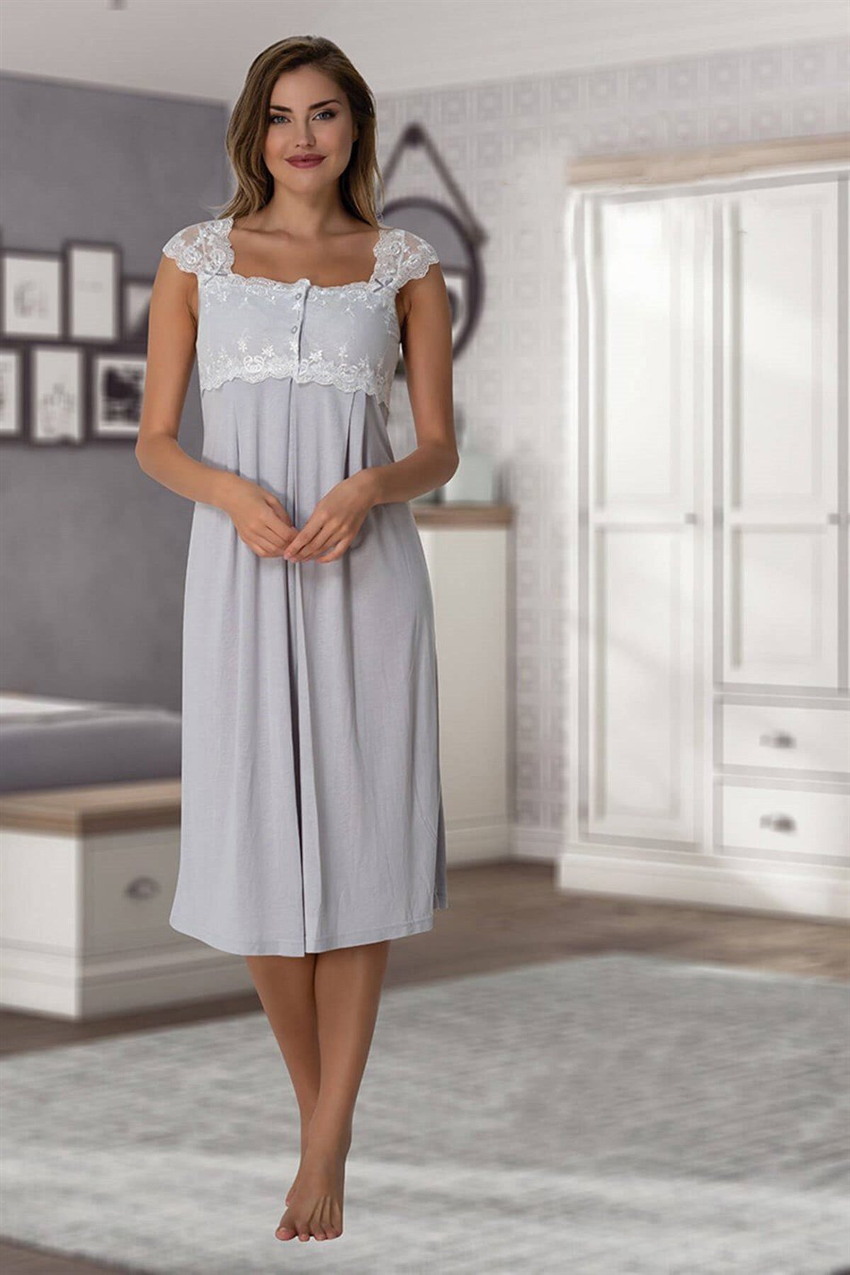 Lace Shoulder Maternity & Nursing Nightgown With Robe Grey - 2302