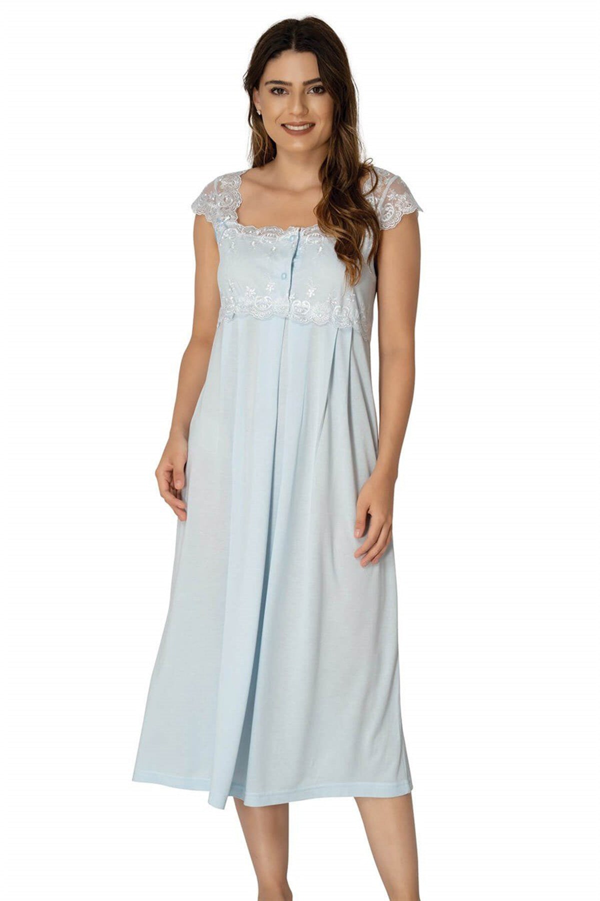 Lace Shoulder Maternity & Nursing Nightgown With Robe Blue - 2302