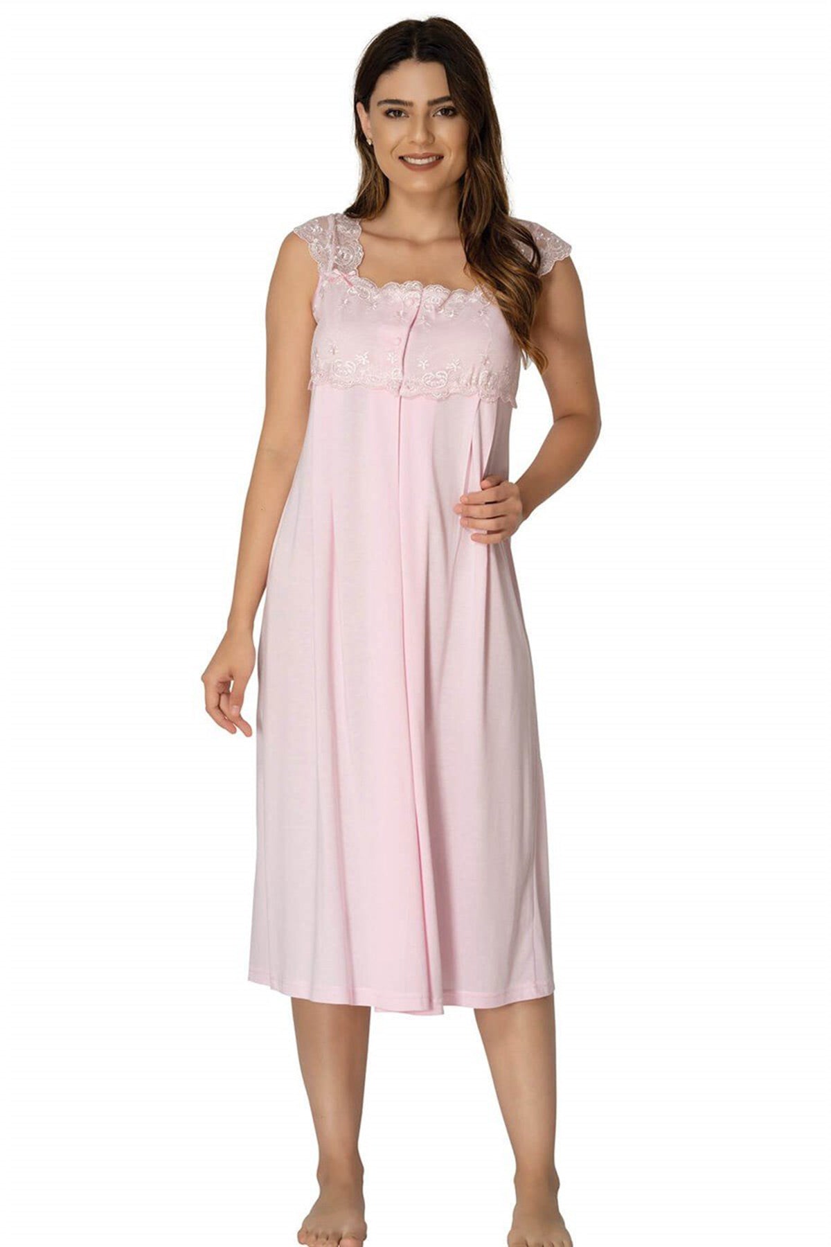 Lace Shoulder Maternity & Nursing Nightgown With Robe Pink - 2302