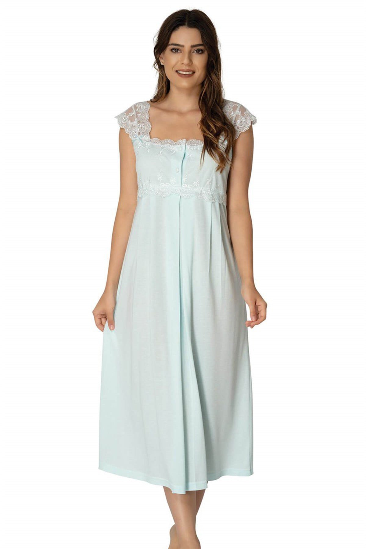 Lace Shoulder Maternity & Nursing Nightgown With Robe Turquoise - 2302