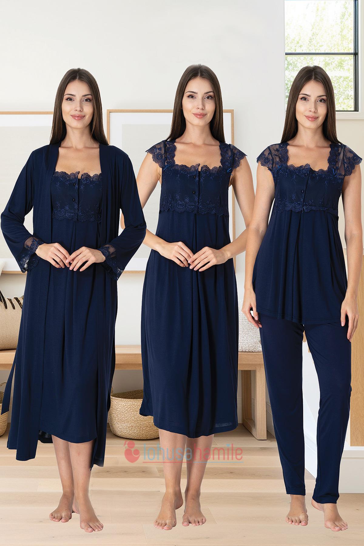 Lace Shoulder 4 Pieces Maternity & Nursing Set Navy Blue - 2305