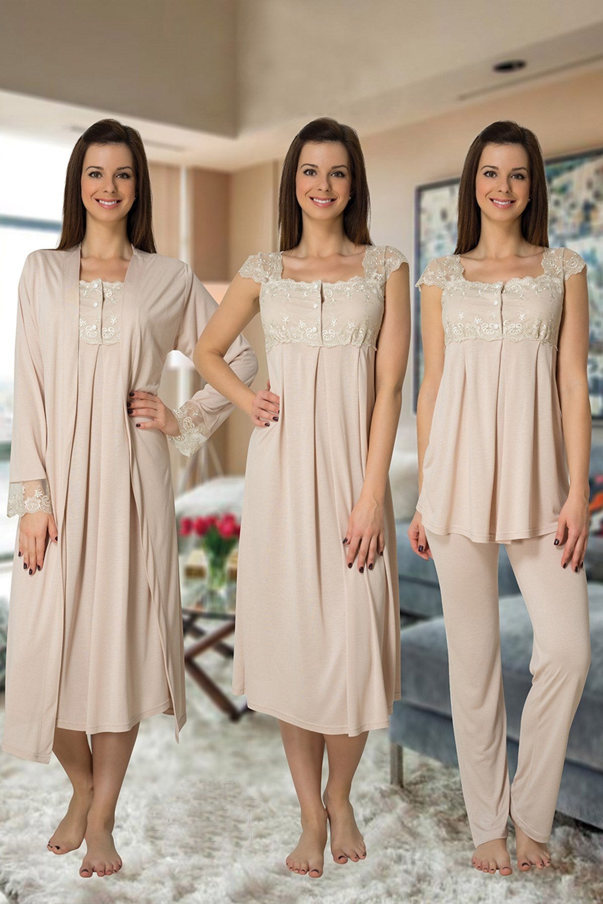 Lace Shoulder 4 Pieces Maternity & Nursing Set Coffee - 2305