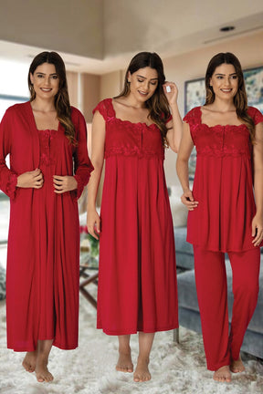 Lace Shoulder 4 Pieces Maternity & Nursing Set Cherry - 2305