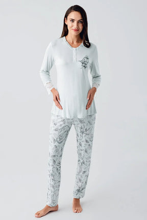 Lace Sleeve 3-Pieces Maternity & Nursing Pajamas With Flowery Robe Green - 23100