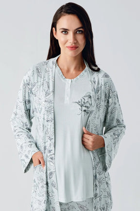 Lace Sleeve 3-Pieces Maternity & Nursing Pajamas With Flowery Robe Green - 23100