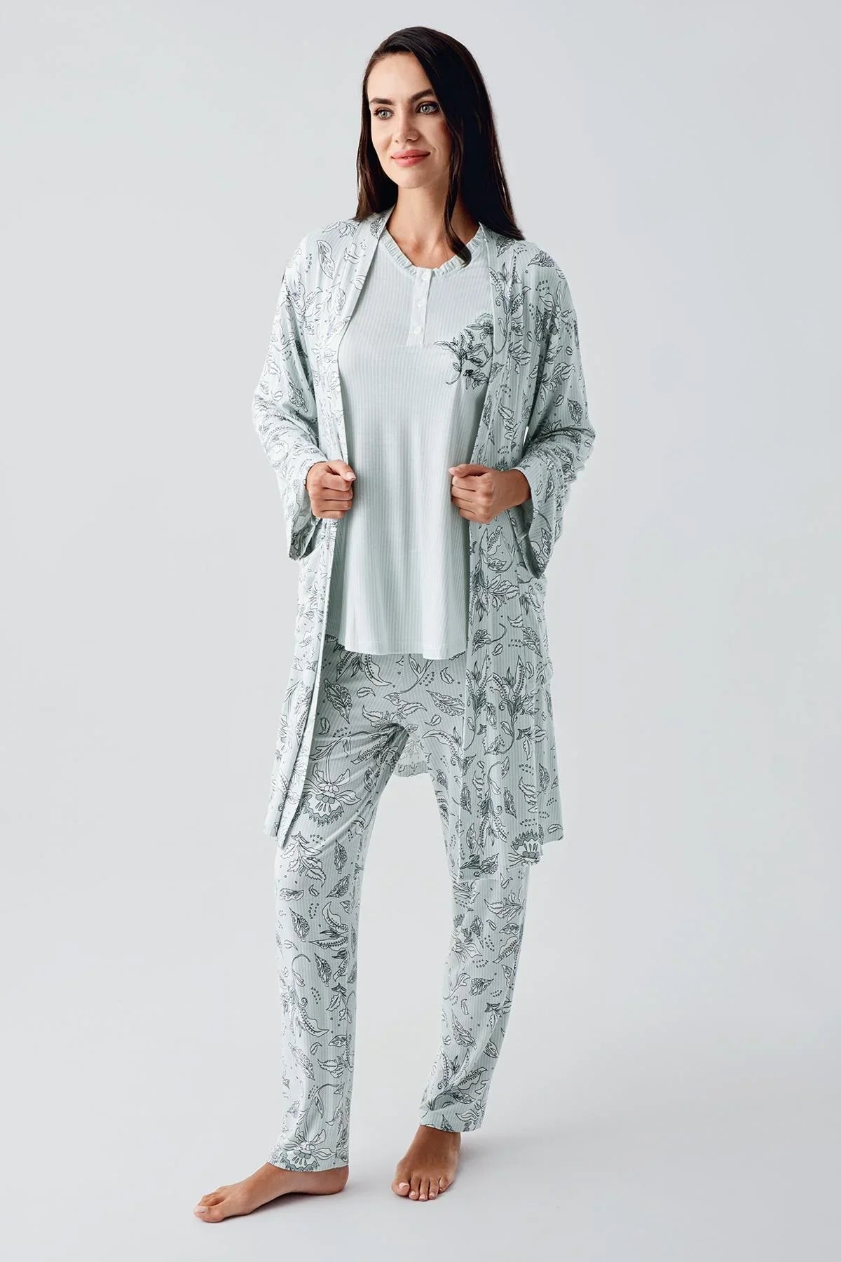 Lace Sleeve 3-Pieces Maternity & Nursing Pajamas With Flowery Robe Green - 23100