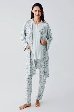 Lace Sleeve 3-Pieces Maternity & Nursing Pajamas With Flowery Robe Green - 23100