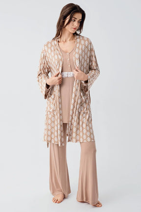 Lacy 3-Pieces Maternity & Nursing Pajamas With Patterned Robe Beige - 23101