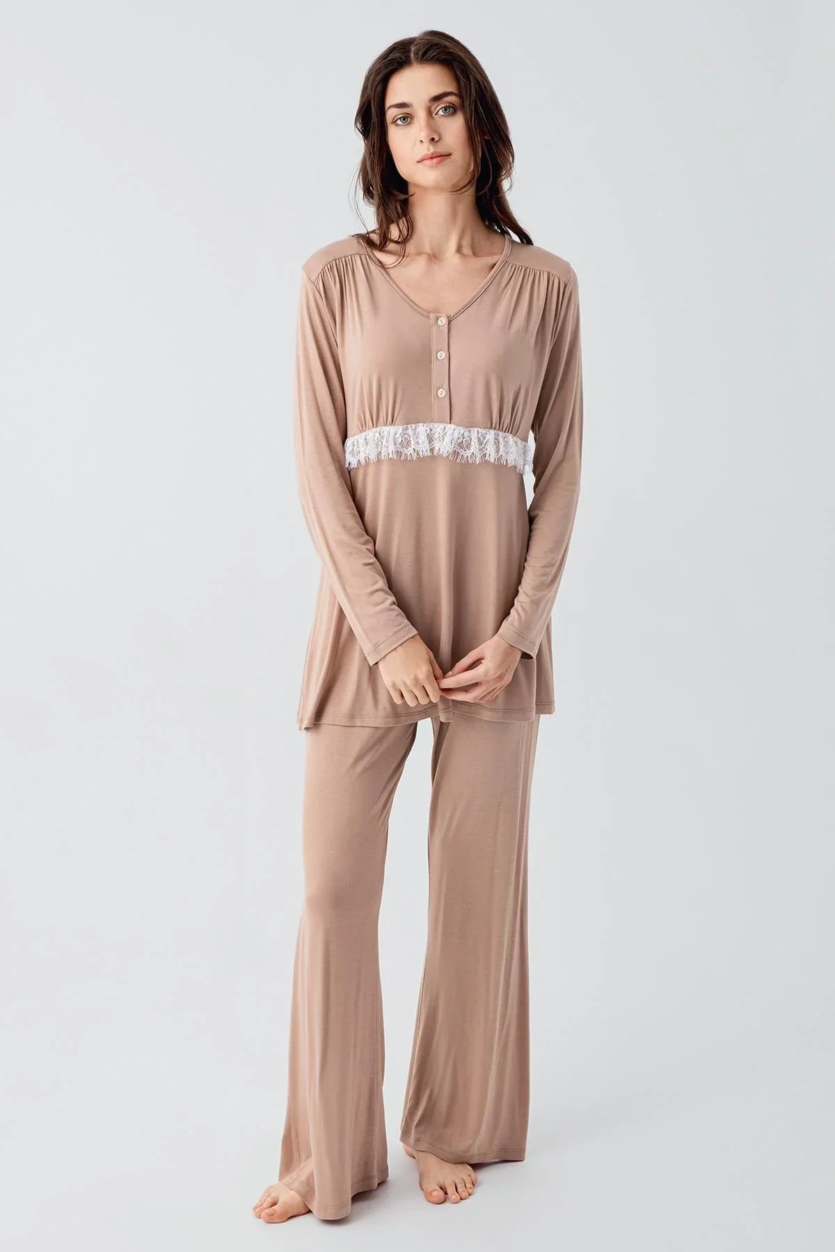 Lacy 3-Pieces Maternity & Nursing Pajamas With Patterned Robe Beige - 23101