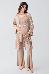 Lacy 3-Pieces Maternity & Nursing Pajamas With Patterned Robe Beige - 23101