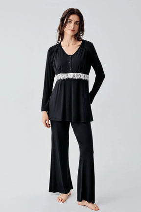 Lacy 3-Pieces Maternity & Nursing Pajamas With Patterned Robe Black - 23101