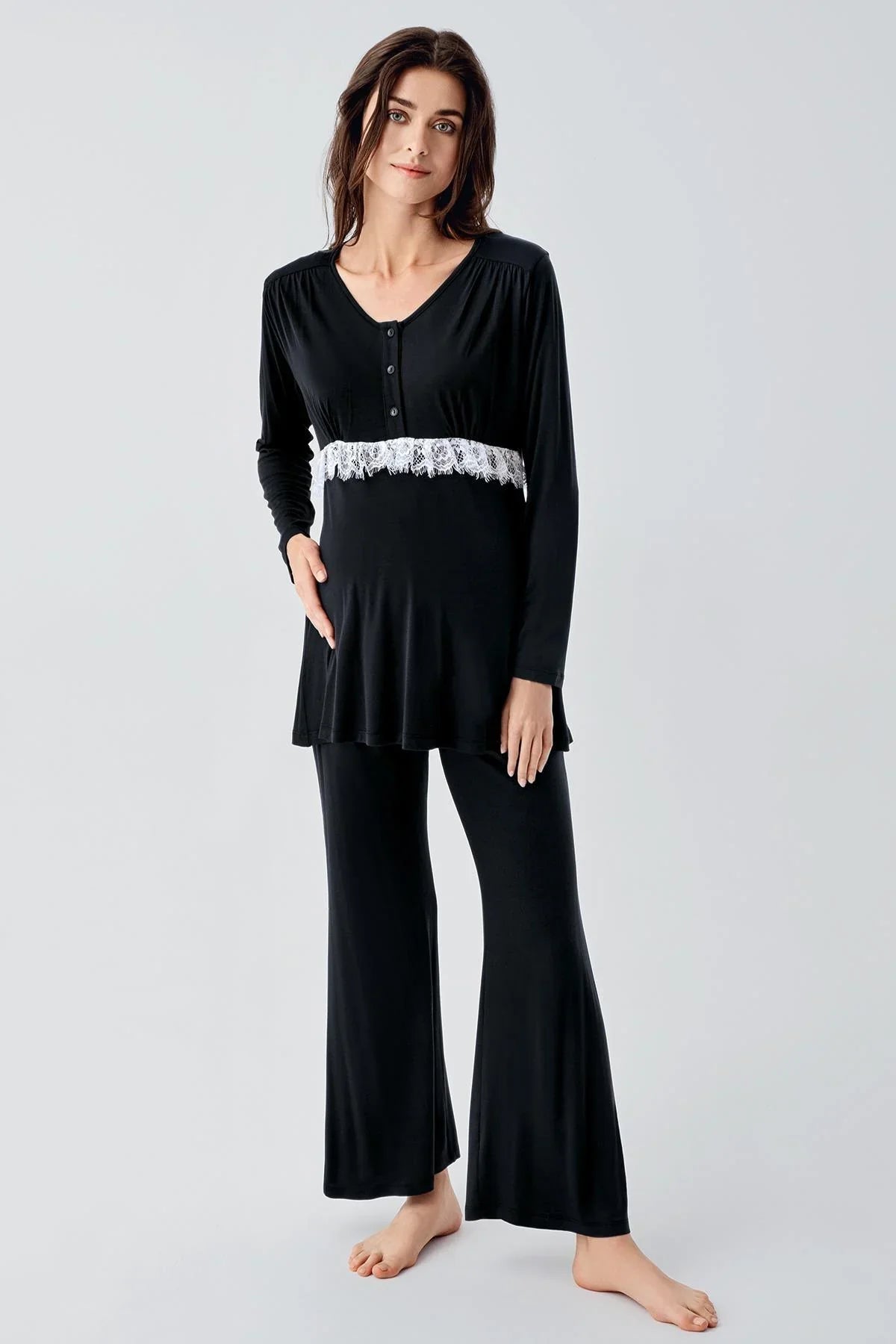 Lacy 3-Pieces Maternity & Nursing Pajamas With Patterned Robe Black - 23101