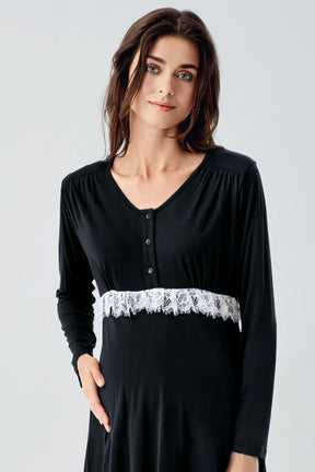 Lacy 3-Pieces Maternity & Nursing Pajamas With Patterned Robe Black - 23101