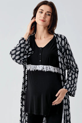 Lacy 3-Pieces Maternity & Nursing Pajamas With Patterned Robe Black - 23101