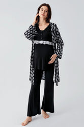 Lacy 3-Pieces Maternity & Nursing Pajamas With Patterned Robe Black - 23101