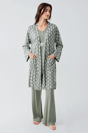 Lacy 3-Pieces Maternity & Nursing Pajamas With Patterned Robe Green - 23101