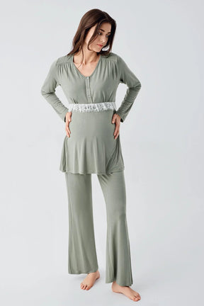 Lacy 3-Pieces Maternity & Nursing Pajamas With Patterned Robe Green - 23101