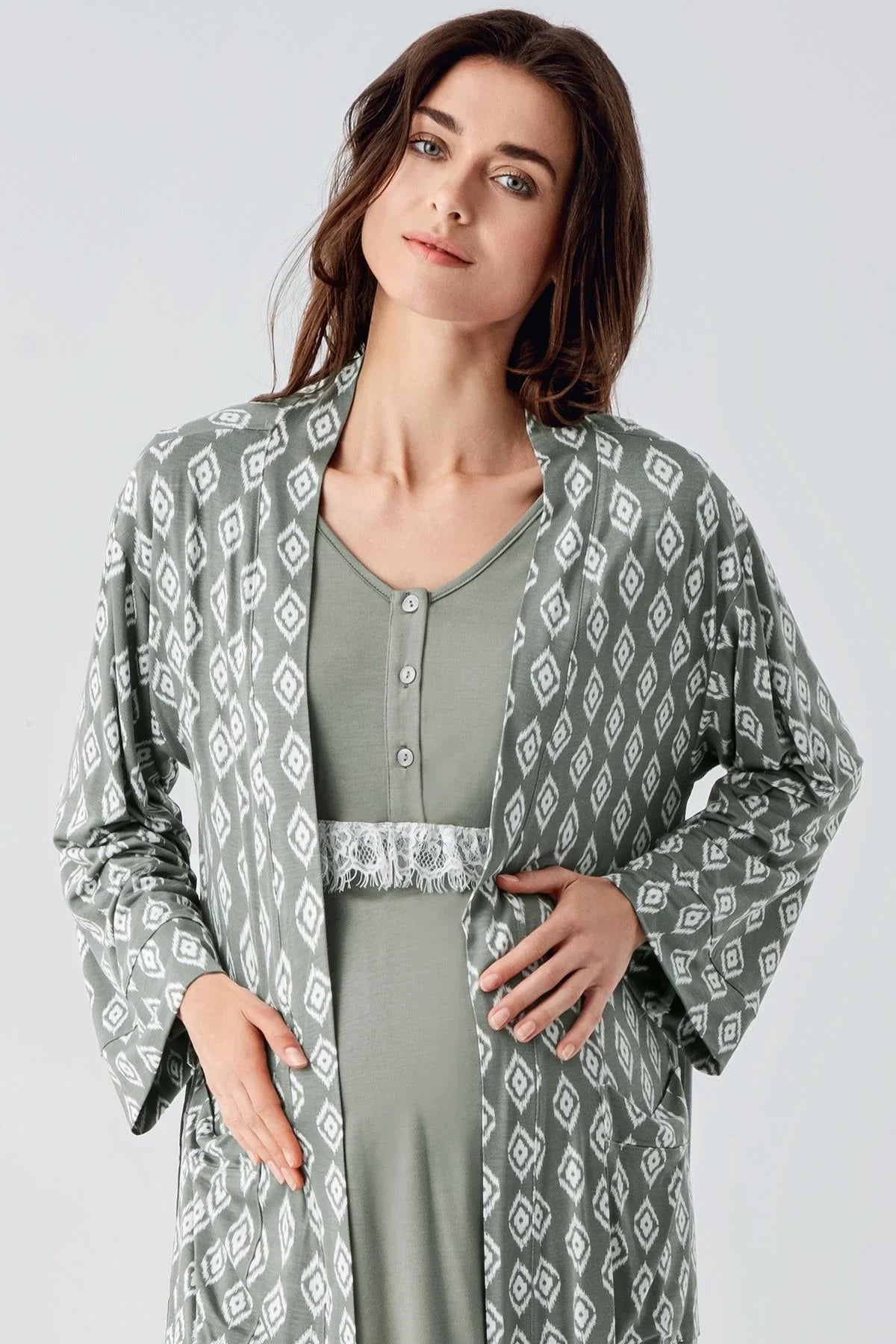 Lacy 3-Pieces Maternity & Nursing Pajamas With Patterned Robe Green - 23101