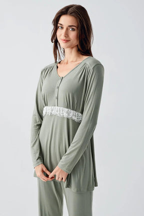 Lacy 3-Pieces Maternity & Nursing Pajamas With Patterned Robe Green - 23101