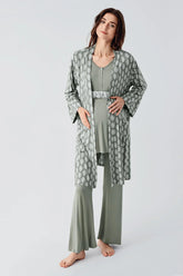 Lacy 3-Pieces Maternity & Nursing Pajamas With Patterned Robe Green - 23101