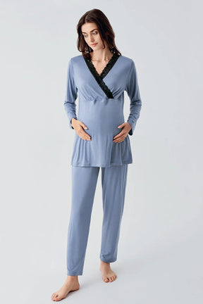 Lace Detailed 3-Piece Maternity-Nursing Pajama & Robe Set Indigo - 23102