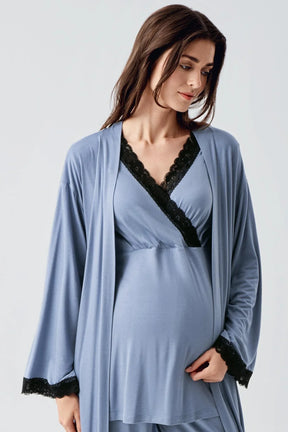 Lace Detailed 3-Piece Maternity-Nursing Pajama & Robe Set Indigo - 23102