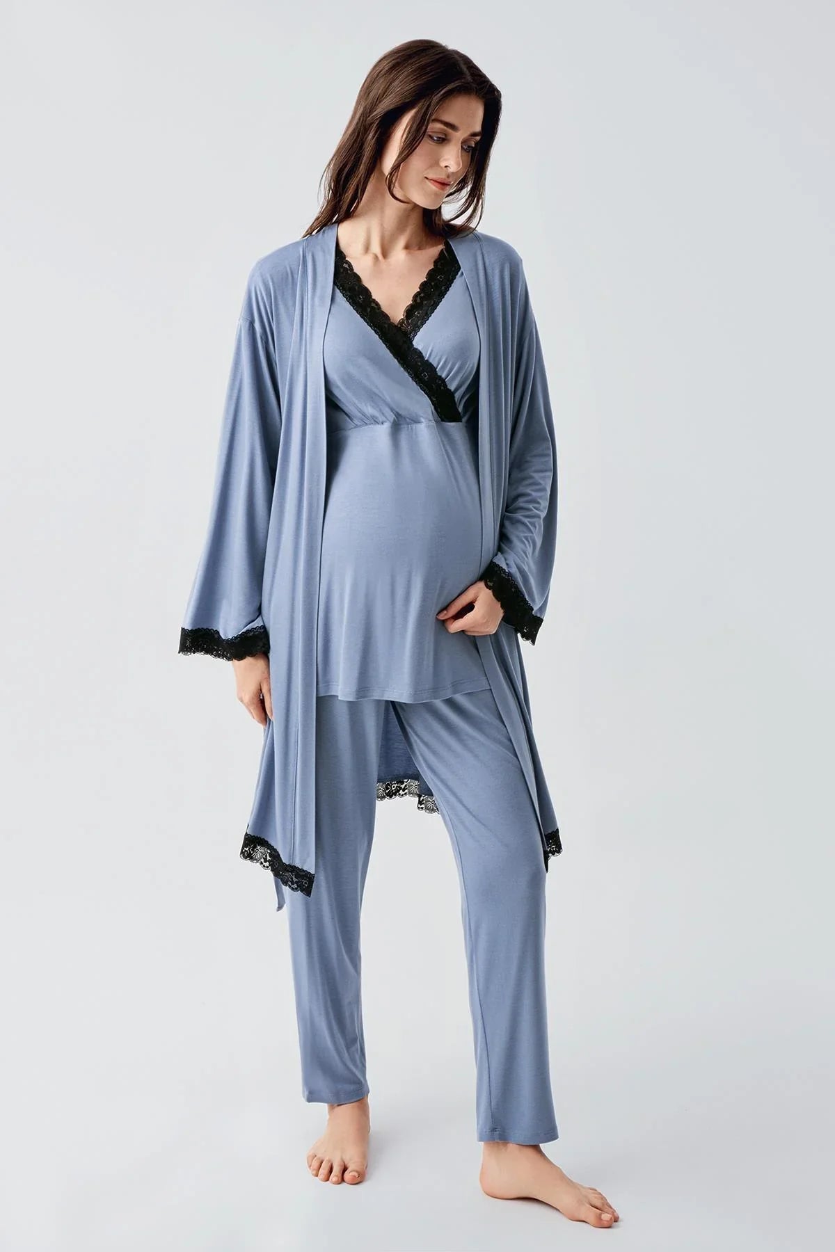 Lace Detailed 3-Pieces Maternity & Nursing Pajamas With Robe Indigo - 23102