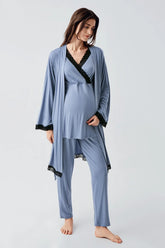 Lace Detailed 3-Piece Maternity-Nursing Pajama & Robe Set Indigo - 23102