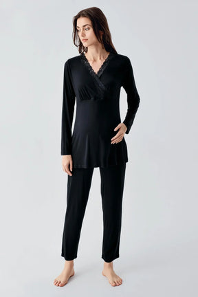 Lace Detailed 3-Pieces Maternity & Nursing Pajamas With Robe Black - 23102