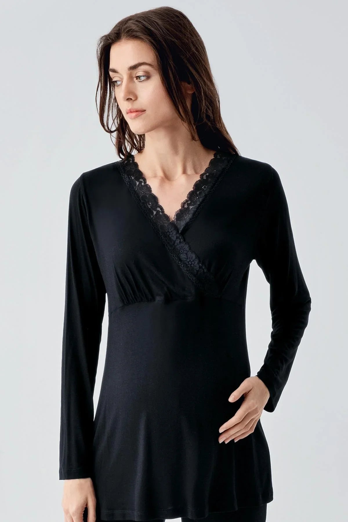 Lace Detailed 3-Pieces Maternity & Nursing Pajamas With Robe Black - 23102