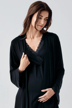 Lace Detailed 3-Pieces Maternity & Nursing Pajamas With Robe Black - 23102