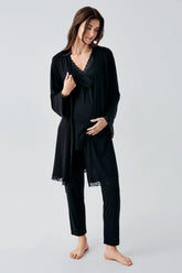 Lace Detailed 3-Pieces Maternity & Nursing Pajamas With Robe Black - 23102