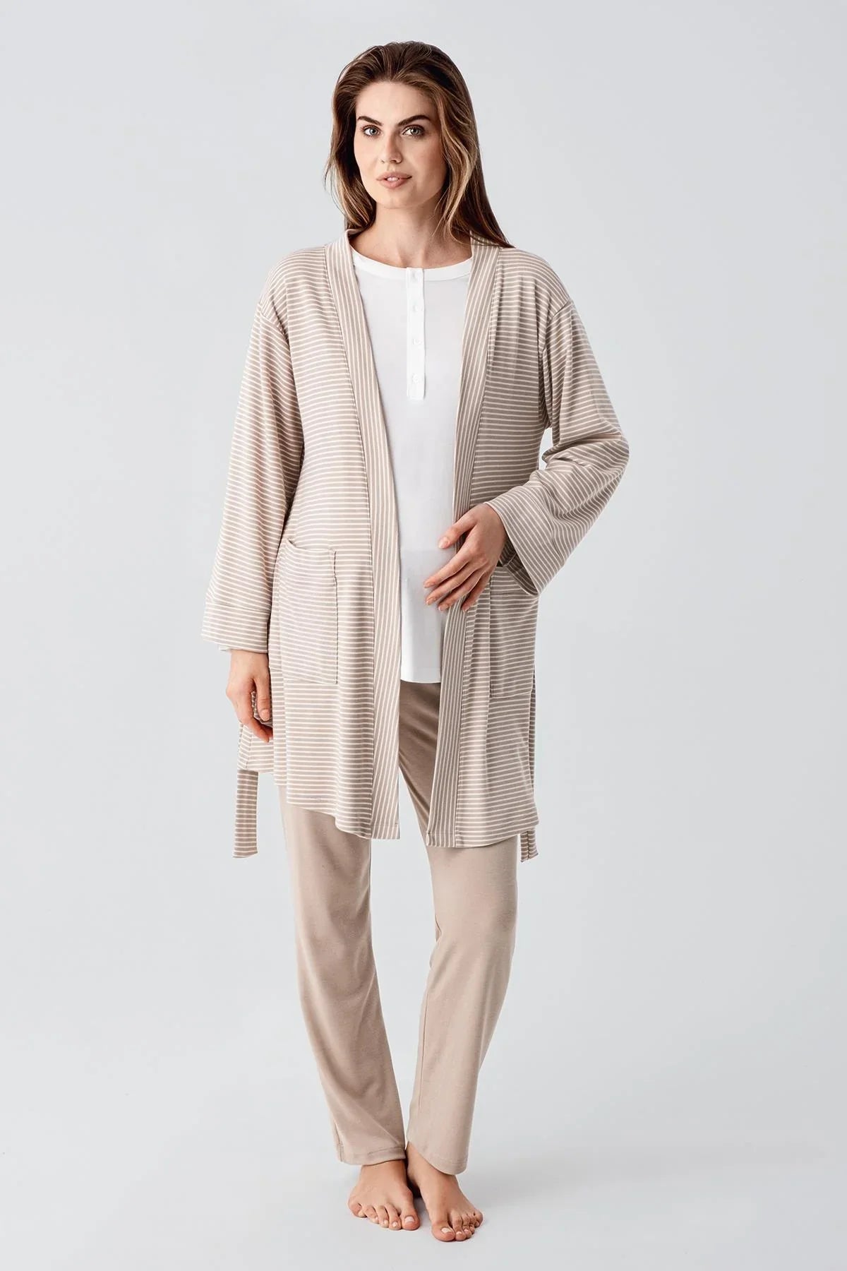 Striped Ruffled 3-Pieces Maternity & Nursing Pajamas With Robe Beige - 23103