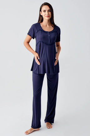 Lace Collar 3-Pieces Maternity & Nursing Pajamas With Flywheel Arm Robe Navy Blue - 23104