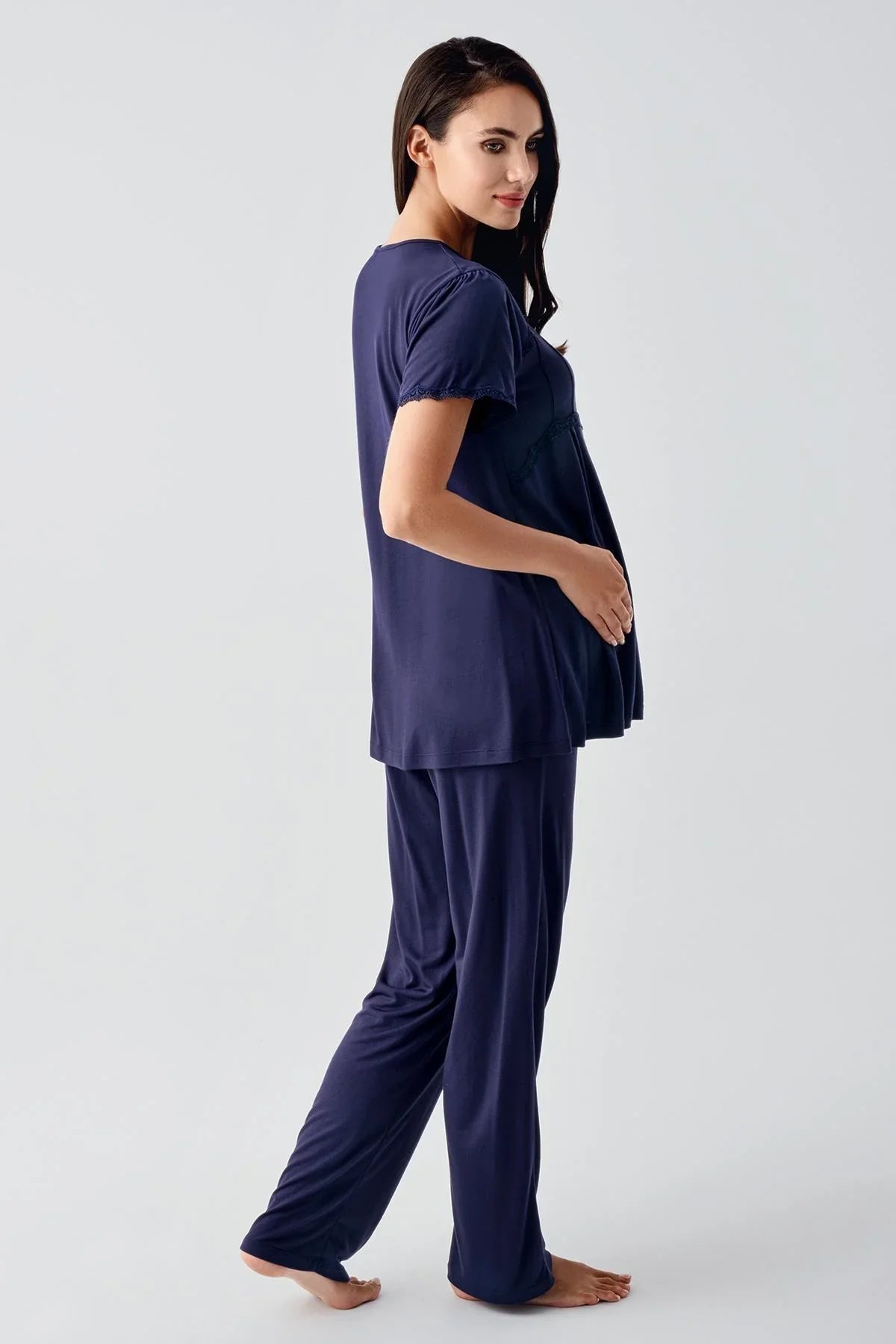 Lace Collar 3-Pieces Maternity & Nursing Pajamas With Flywheel Arm Robe Navy Blue - 23104