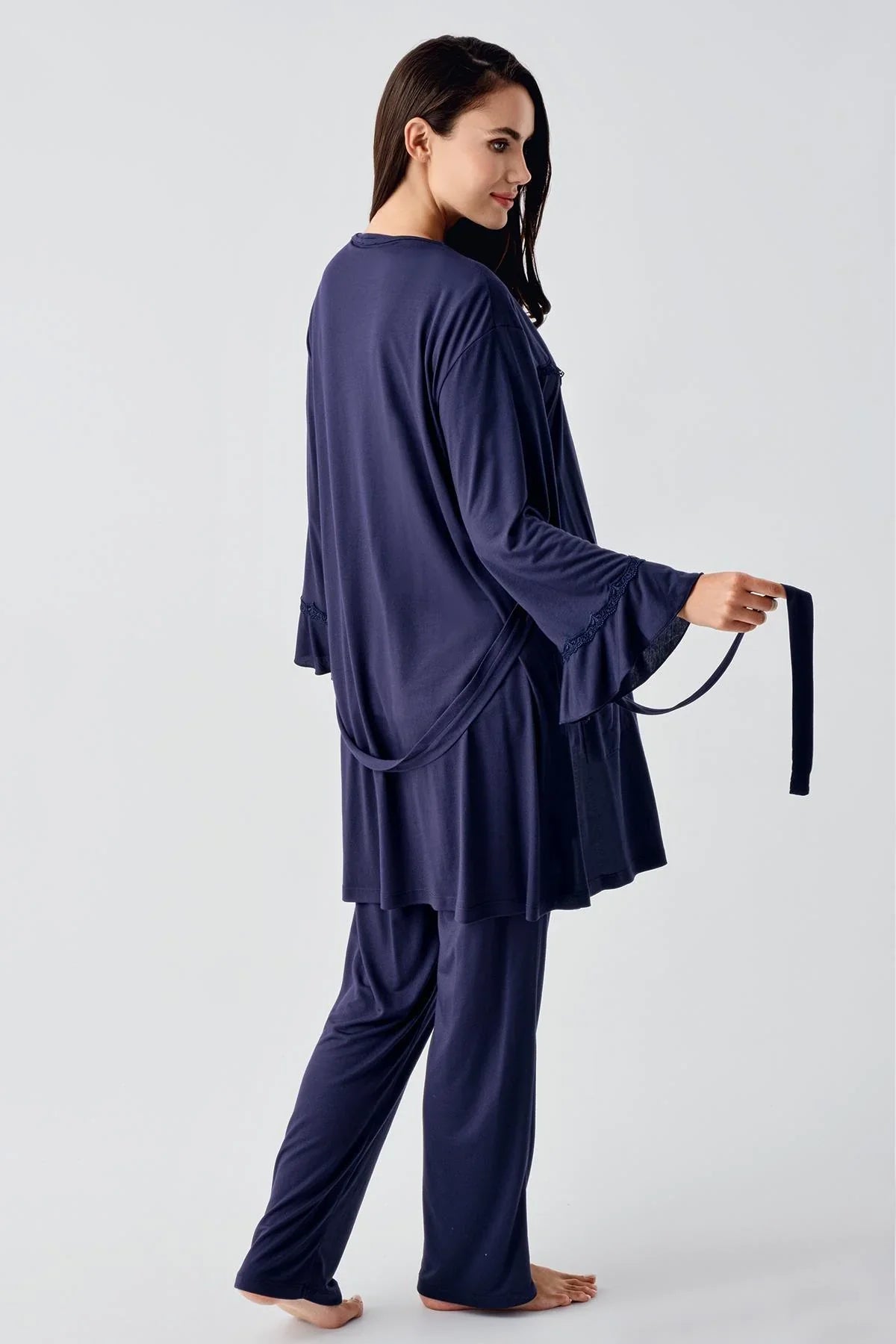 Lace Collar 3-Pieces Maternity & Nursing Pajamas With Flywheel Arm Robe Navy Blue - 23104