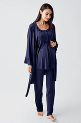 Lace Collar 3-Pieces Maternity & Nursing Pajamas With Flywheel Arm Robe Navy Blue - 23104