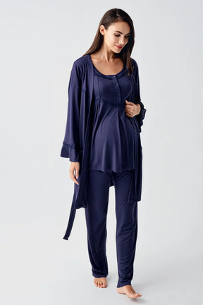 Lace Collar 3-Pieces Maternity & Nursing Pajamas With Flywheel Arm Robe Navy Blue - 23104