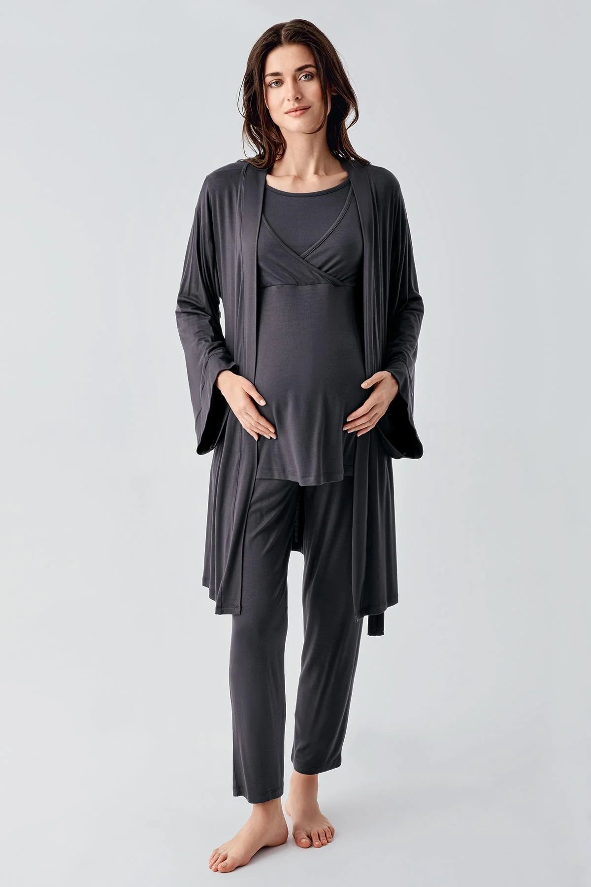 Melange Double Breasted 3-Pieces Maternity & Nursing Pajamas With Robe Anthracite - 23105