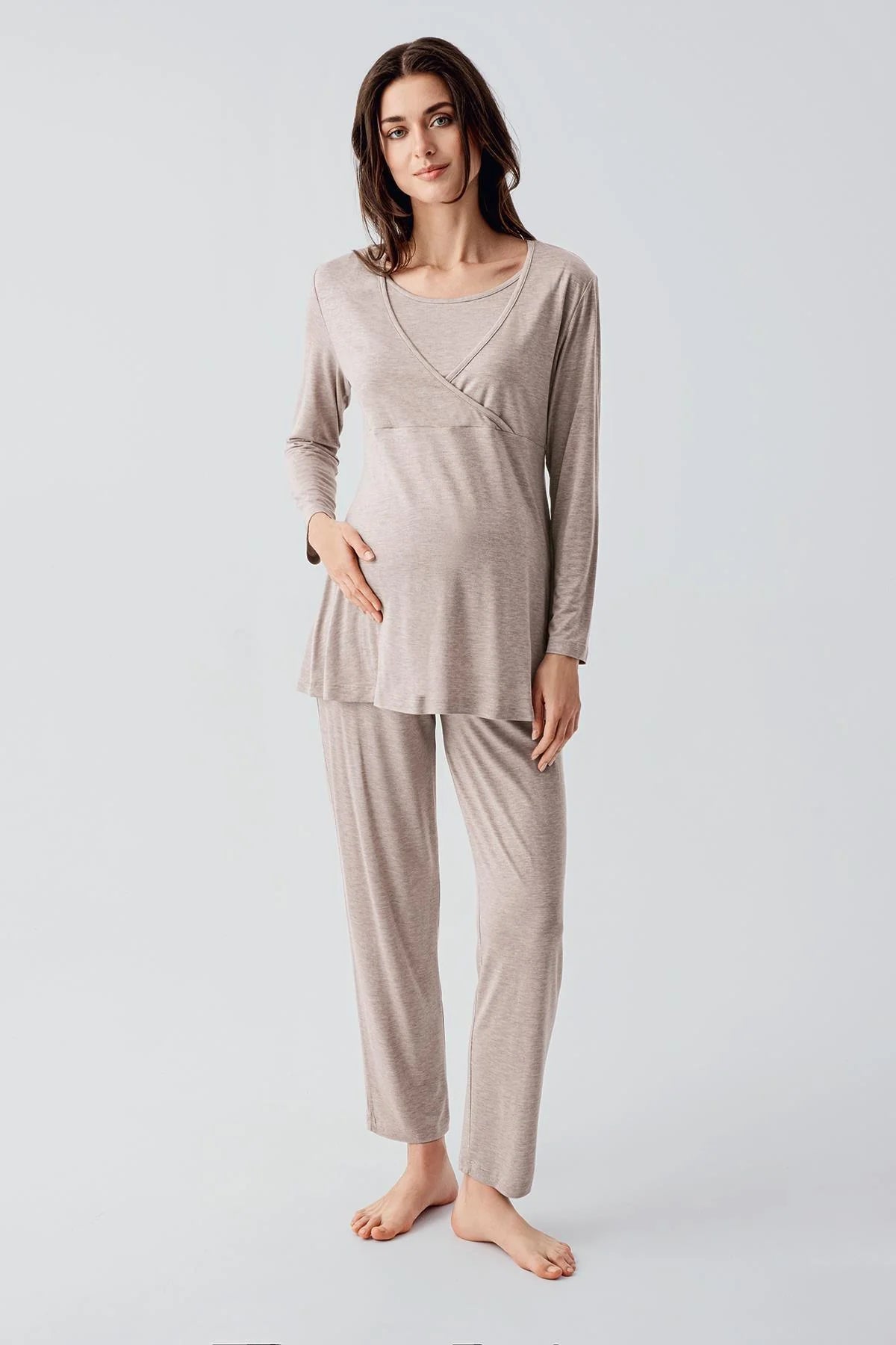 Melange Double Breasted 3-Pieces Maternity & Nursing Pajamas With Robe Beige - 23105