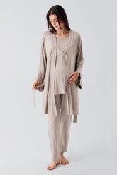 Melange Double Breasted 3-Pieces Maternity & Nursing Pajamas With Robe Beige - 23105