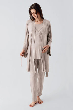 Melange Double Breasted 3-Pieces Maternity & Nursing Pajamas With Robe Beige - 23105